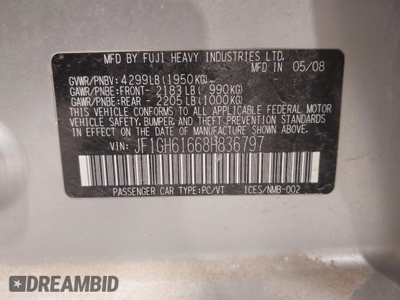 2008 Subaru Impreza i с VIN JF1GH61668H836797, выставлен на аукционе IAAI как лот 42299842 с пробегом 192 130 миль миль и . История ставок и продаж доступна на DreamBid. Изображение 9.