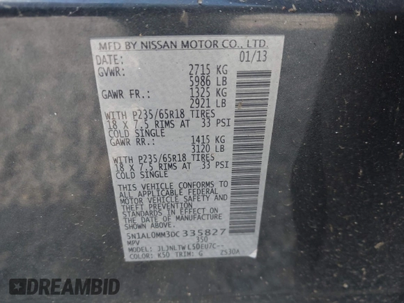 2013 Infiniti JX35 with VIN 5N1AL0MM3DC335827, listed as a IAAI auction lot 42038972 with 137,286 mi miles and . Bid and sale history available at DreamBid. Image 9.