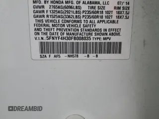2015 Honda Pilot SE z VIN 5FNYF4H30FB008035, wystawiony jako Copart lot #55218285 z przebiegiem 174 756 mil mil oraz Szkoda całkowita • Salvage title. Historia ofert i sprzedaży dostępna na DreamBid. Obrazek 13.