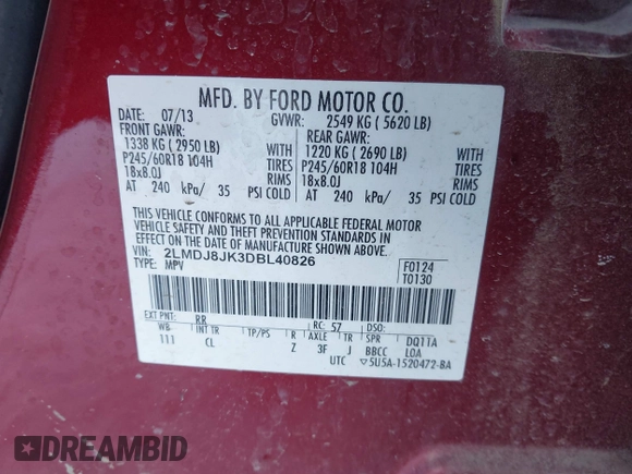 2013 Lincoln MKX z VIN 2LMDJ8JK3DBL40826, wystawiony jako IAAI lot #41522140 z przebiegiem 125 237 mil mil oraz . Historia ofert i sprzedaży dostępna na DreamBid. Obrazek 9.