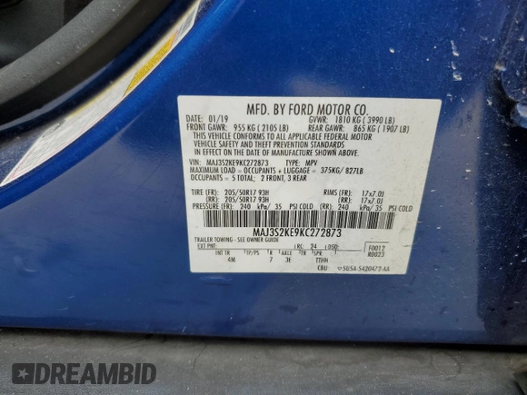 2019 Ford EcoSport Titanium with VIN MAJ3S2KE9KC272873, listed as a Copart auction lot 50262935 with 63,714 mi miles and Salvage Title. Bid and sale history available at DreamBid. Image 14.