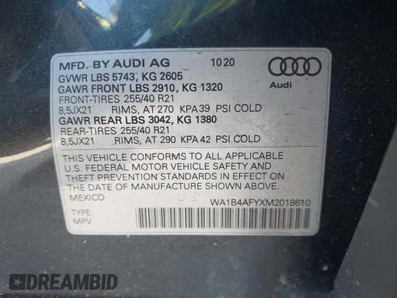 2021 Audi SQ5 Premium Plus with VIN WA1B4AFYXM2018610, listed as a IAAI auction lot 41672661 with 53,098 mi miles. Bid and sale history available at carsss.com. Image 9.