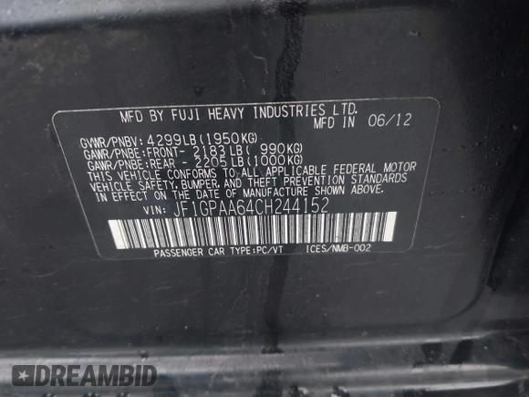 2012 Subaru Impreza 2.0i с VIN JF1GPAA64CH244152, выставлен на аукционе IAAI как лот 41941681 с пробегом 123 464 миль миль и . История ставок и продаж доступна на DreamBid. Изображение 9.