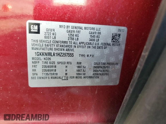 2017 GMC Acadia SLT z VIN 1GKKNMLA1HZ297555, wystawiony jako Copart lot #53368865 z przebiegiem 138 567 mil mil oraz Szkoda całkowita • Salvage title. Historia ofert i sprzedaży dostępna na DreamBid. Obrazek 16.