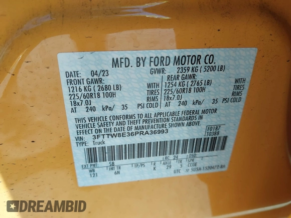2023 Ford Maverick XL z VIN 3FTTW8E36PRA36993, wystawiony jako IAAI lot #42346200 z przebiegiem 28 147 mil mil oraz . Historia ofert i sprzedaży dostępna na DreamBid. Obrazek 9.