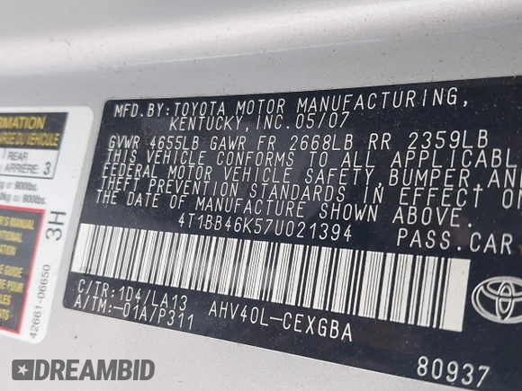 2007 Toyota Camry with VIN 4T1BB46K57U021394, listed as a IAAI auction lot 42472069 with 193,248 mi miles and . Bid and sale history available at DreamBid. Image 9.