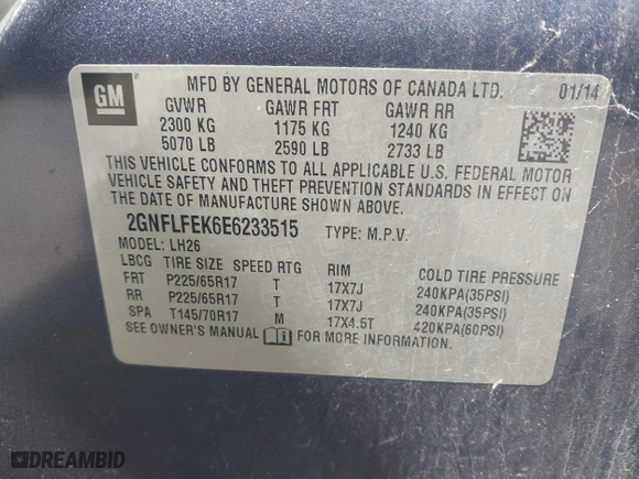 2014 Chevrolet Equinox LT with VIN 2GNFLFEK6E6233515, listed as a IAAI auction lot 42036910 with 161,778 mi miles. Bid and sale history available at carsss.com. Image 9.