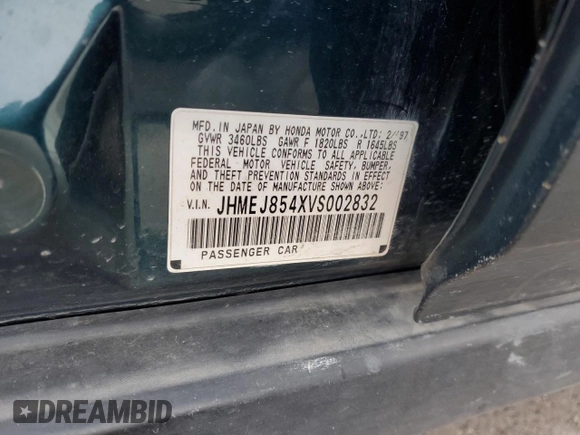 1997 Honda Civic с VIN JHMEJ854XVS002832, выставлен на аукционе Copart как лот 84455214 с пробегом 205 806 миль миль и Чистый • Clean title. История ставок и продаж доступна на DreamBid. Изображение 12.