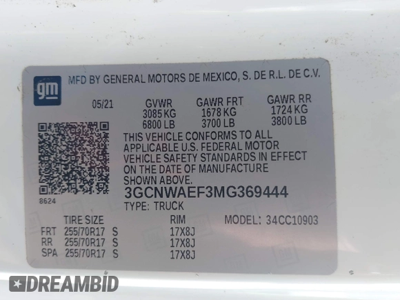 2021 Chevrolet Silverado 1500 Work Truck with VIN 3GCNWAEF3MG369444, listed as a IAAI auction lot 41493032 with 83,019 mi miles. Bid and sale history available at carsss.com. Image 9.
