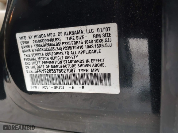 2007 Honda Pilot EX-L with VIN 5FNYF28557B027087, listed as a IAAI auction lot 41356244 with 183,923 mi miles. Bid and sale history available at carsss.com. Image 9.