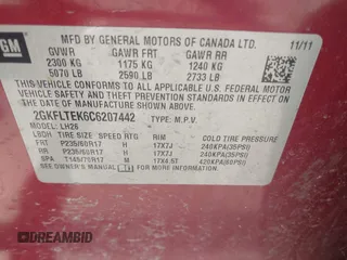 2012 GMC Terrain SLE-2 with VIN 2GKFLTEK6C6207442, listed as a IAAI auction lot 42123243 with 125,495 mi miles and . Bid and sale history available at DreamBid. Image 9.