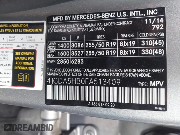 2015 Mercedes-Benz M 350 with VIN 4JGDA5HB0FA513409, listed as a IAAI auction lot 41216564 with 60,539 mi miles and . Bid and sale history available at DreamBid. Image 9.