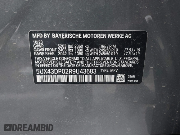 2024 BMW X3 sDrive30i with VIN 5UX43DP02R9U43683, listed as a IAAI auction lot 41432529 with 2,130 mi miles and . Bid and sale history available at DreamBid. Image 9.