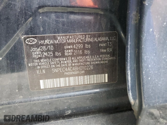 2011 Hyundai Sonata Limited z VIN 5NPEC4AC4BH010226, wystawiony jako Copart lot #56553455 z przebiegiem Nie podano mil oraz Czysty tytuł • Clean title. Historia ofert i sprzedaży dostępna na DreamBid. Obrazek 12.