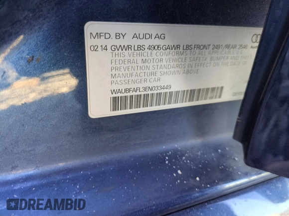2014 Audi A4 Premium with VIN WAUBFAFL3EN033449, listed as a Copart auction lot 88979555 with 143,160 mi miles and Salvage Title. Bid and sale history available at carsss.com. Image 12.
