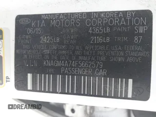 2015 Kia Optima LX with VIN KNAGM4A74F5662579, listed as a IAAI auction lot 42127251 with 144,138 mi miles and . Bid and sale history available at carsss.com. Image 9.