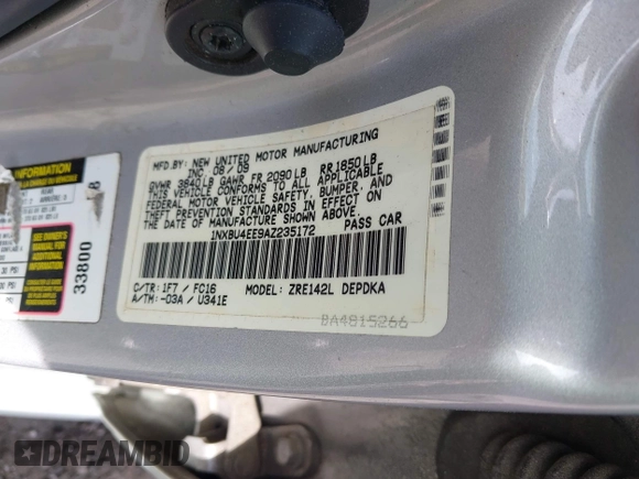 2010 Toyota Corolla with VIN 1NXBU4EE9AZ235172, listed as a IAAI auction lot 41914215 with 176,924 mi miles. Bid and sale history available at carsss.com. Image 9.