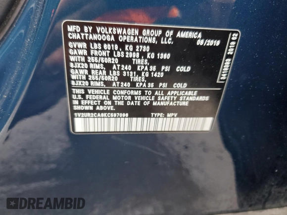 2019 Volkswagen Atlas SE with VIN 1V2UR2CA8KC597096, listed as a Copart auction lot 57997475 with 48,055 mi miles and Salvage title. Bid and sale history available at DreamBid. Image 14.