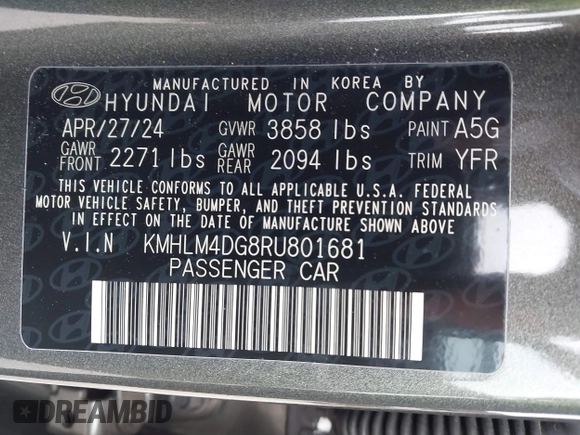 2024 Hyundai Elantra SEL with VIN KMHLM4DG8RU801681, listed as a IAAI auction lot 41629800 with 13,125 mi miles. Bid and sale history available at carsss.com. Image 9.