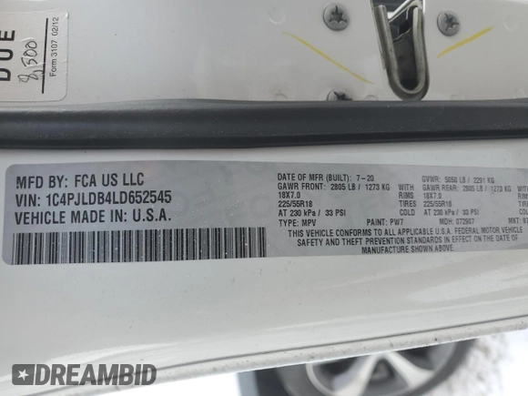 2020 Jeep Cherokee Limited with VIN 1C4PJLDB4LD652545, listed as a Copart auction lot 42247815 with 87,106 mi miles and Salvage title. Bid and sale history available at DreamBid. Image 12.