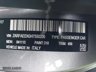 2017 Alfa Romeo Giulia Ti with VIN ZARFAEEN3H7550200, listed as a IAAI auction lot 41902045 with 0 mi miles. Bid and sale history available at carsss.com. Image 9.