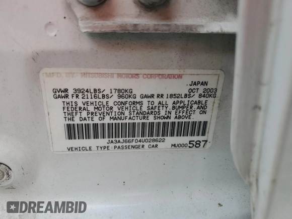 2004 Mitsubishi Lancer Ralliart с VIN JA3AJ66F04U028622, выставлен на аукционе Copart как лот 58033665 с пробегом 240 267 миль миль и Списание • Salvage title. История ставок и продаж доступна на DreamBid. Изображение 12.