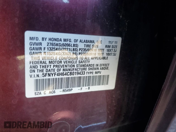 2012 Honda Pilot EX-L with VIN 5FNYF4H64CB019433, listed as a Copart auction lot 49353805 with 177,645 mi miles and Salvage Title. Bid and sale history available at carsss.com. Image 13.