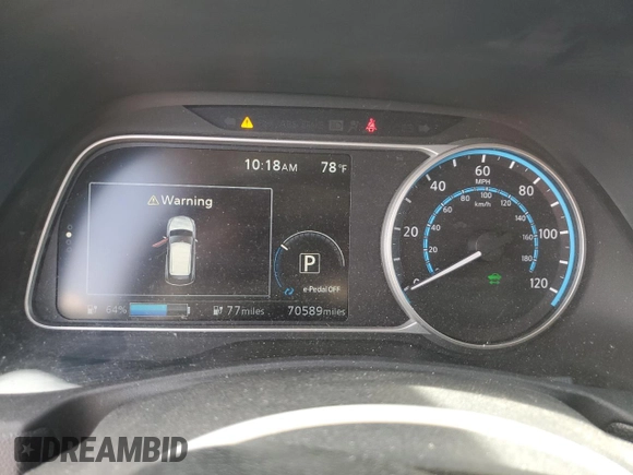 2019 Nissan LEAF SV with VIN 1N4AZ1CP4KC301595, listed as a Copart auction lot 57105005 with 70,589 mi miles and Salvage title. Bid and sale history available at DreamBid. Image 9.
