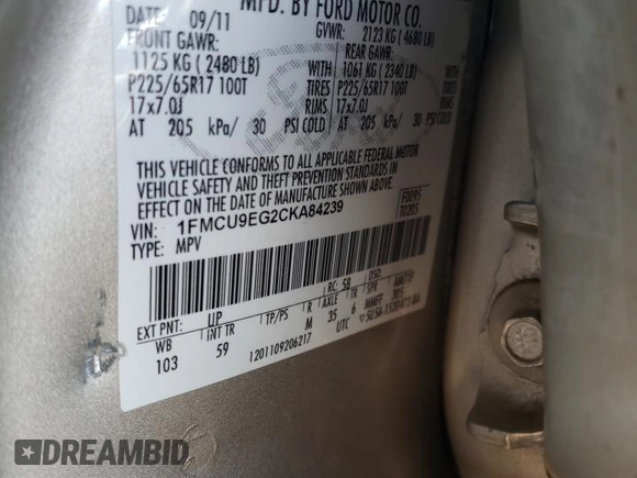 2012 Ford Escape Limited с VIN 1FMCU9EG2CKA84239, выставлен на аукционе Copart как лот 42810415 с пробегом Не указан миль и Списание • Salvage title. История ставок и продаж доступна на DreamBid. Изображение 14.