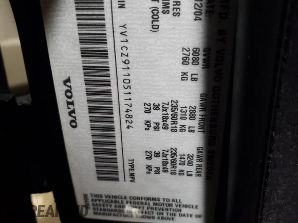 2005 Volvo XC90 with VIN YV1CZ911051174824, listed as a Copart auction lot 89026035 with 224,717 mi miles and Salvage Title. Bid and sale history available at carsss.com. Image 12.