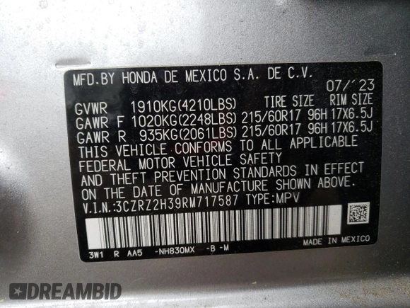 2024 Honda HR-V LX with VIN 3CZRZ2H39RM717587, listed as a Copart auction lot 57510125 with 16,033 mi miles and Salvage title. Bid and sale history available at DreamBid. Image 14.