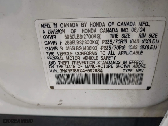 2004 Honda Pilot EX with VIN 2HKYF185X4H592684, listed as a IAAI auction lot 41649752 with 1 mi miles. Bid and sale history available at carsss.com. Image 9.
