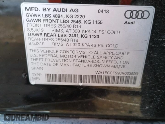 2018 Audi Q3 Premium with VIN WA1ECCFS9JR033593, listed as a Copart auction lot 44332253 with 42,362 mi miles. Bid and sale history available at carsss.com. Image 13.