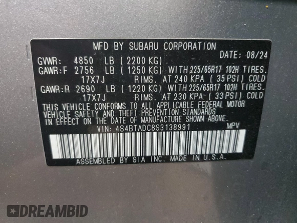 2025 Subaru Outback Premium z VIN 4S4BTADC8S3138991, wystawiony jako Copart lot #58778345 z przebiegiem 10 208 mil mil oraz Szkoda całkowita • Salvage title. Historia ofert i sprzedaży dostępna na DreamBid. Obrazek 14.