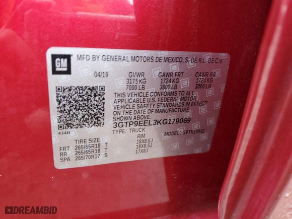 2019 GMC Sierra 1500 AT4 with VIN 3GTP9EEL3KG179069, listed as a Copart auction lot 46860505 with 132,651 mi miles and Salvage Title. Bid and sale history available at carsss.com. Image 14.
