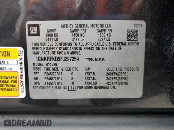 2015 Chevrolet Traverse LS z VIN 1GNKRFKD5FJ297259, wystawiony jako Copart lot #59894545 z przebiegiem 122 142 mil mil oraz Szkoda całkowita • Salvage title. Historia ofert i sprzedaży dostępna na DreamBid. Obrazek 13.