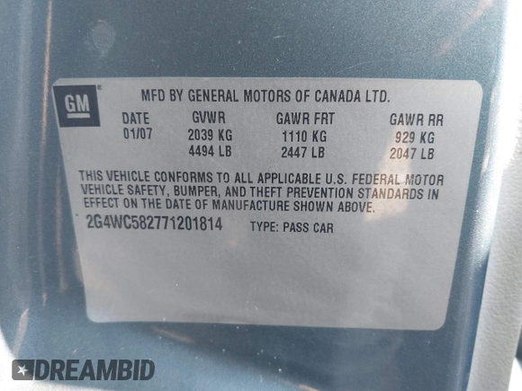2007 Buick LaCrosse CX with VIN 2G4WC582771201814, listed as a IAAI auction lot 41360965 with 169,381 mi miles and . Bid and sale history available at DreamBid. Image 9.