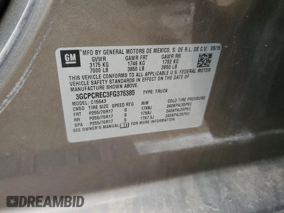 2015 Chevrolet Silverado 1500 LT with VIN 3GCPCREC3FG376385, listed as a Copart auction lot 50973385 with 148,545 mi miles and Salvage Title. Bid and sale history available at DreamBid. Image 12.