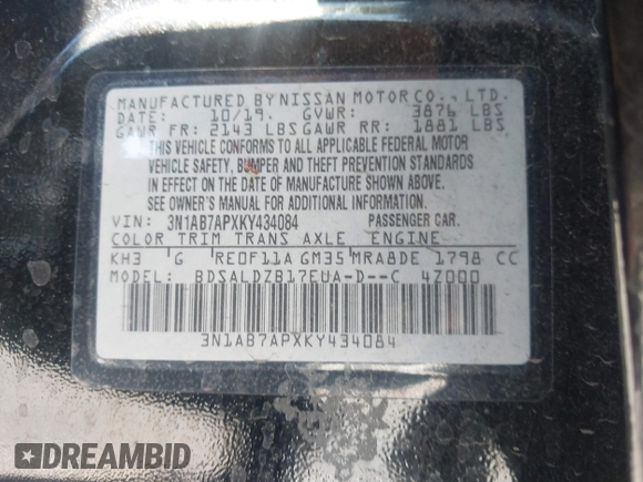 2019 Nissan Sentra S with VIN 3N1AB7APXKY434084, listed as a IAAI auction lot 41755950 with 86,658 mi miles and . Bid and sale history available at DreamBid. Image 9.