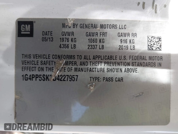 2013 Buick Verano with VIN 1G4PP5SK3D4227957, listed as a IAAI auction lot 42556511 with 242,768 mi miles and . Bid and sale history available at DreamBid. Image 9.