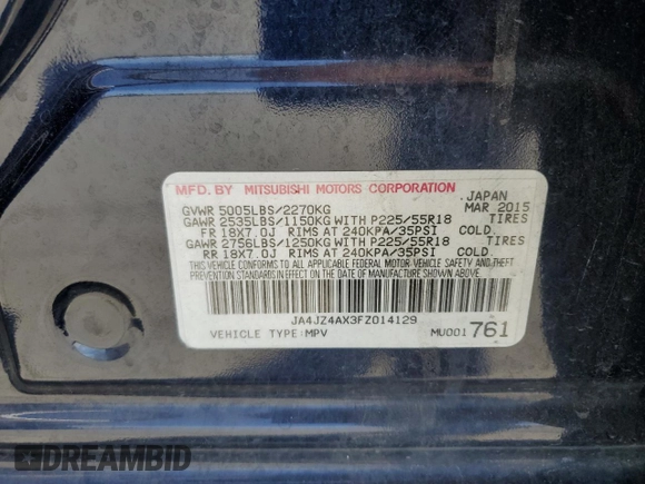 2015 Mitsubishi Outlander GT z VIN JA4JZ4AX3FZ014129, wystawiony jako Copart lot #57001055 z przebiegiem 99 460 mil mil oraz Szkoda całkowita • Salvage title. Historia ofert i sprzedaży dostępna na DreamBid. Obrazek 12.