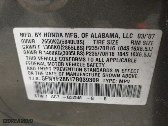 2007 Honda Pilot EX-L with VIN 5FNYF28617B039309, listed as a IAAI auction lot 41951978 with 239,583 mi miles. Bid and sale history available at carsss.com. Image 9.