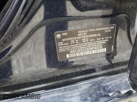 2013 BMW 3 Series 328i xDrive с VIN WBA3B5G53DNP40332, выставлен на аукционе Copart как лот 58344195 с пробегом 167 903 миль миль и Списание • Salvage title. История ставок и продаж доступна на DreamBid. Изображение 12.