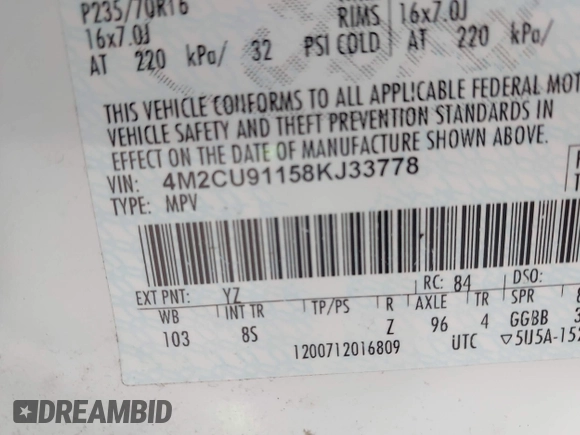 2008 Mercury Mariner with VIN 4M2CU91158KJ33778, listed as a IAAI auction lot 42411724 with 168,359 mi miles and . Bid and sale history available at DreamBid. Image 9.