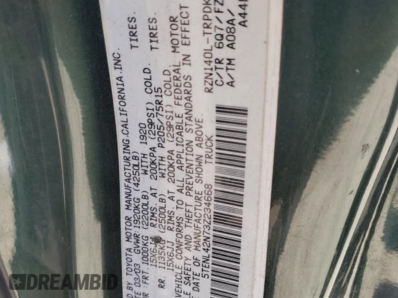 2003 Toyota Tacoma with VIN 5TENL42N73Z234668, listed as a Copart auction lot 55064555 with 164,832 mi miles and Salvage Title. Bid and sale history available at DreamBid. Image 12.