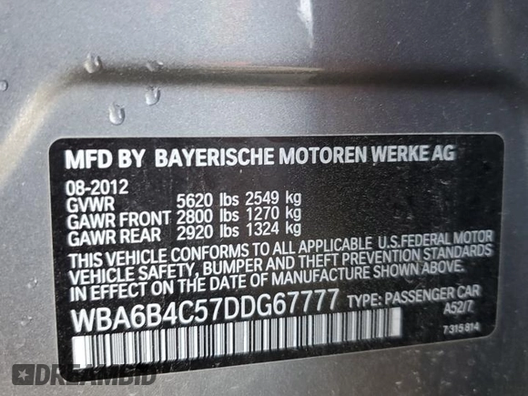 2013 BMW 6 Series 650i xDrive with VIN WBA6B4C57DDG67777, listed as a Copart auction lot 85151914 with 0 mi miles and Clean Title. Bid and sale history available at carsss.com. Image 12.