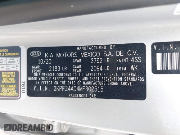 2021 Kia Forte LXS with VIN 3KPF24AD4ME302515, listed as a IAAI auction lot 42204617 with 33,354 mi miles and . Bid and sale history available at DreamBid. Image 9.