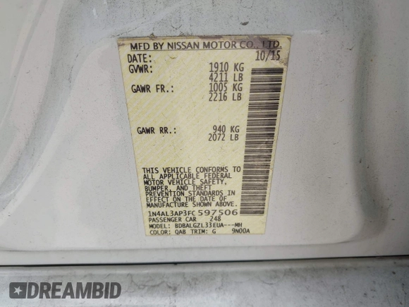 2015 Nissan Altima S with VIN 1N4AL3AP3FC597506, listed as a IAAI auction lot 41777552 with 140,503 mi miles and . Bid and sale history available at DreamBid. Image 9.