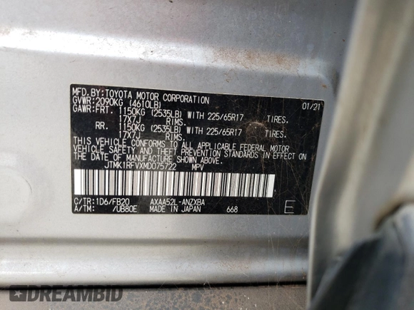 2021 Toyota RAV4 LE with VIN JTMK1RFVXMD075722, listed as a Copart auction lot 47822075 with 20,977 mi miles and Salvage Title. Bid and sale history available at carsss.com. Image 13.