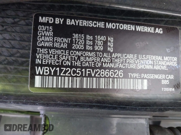 2015 BMW i3 z VIN WBY1Z2C51FV286626, wystawiony jako IAAI lot #41948522 z przebiegiem 106 060 mil mil oraz . Historia ofert i sprzedaży dostępna na DreamBid. Obrazek 9.